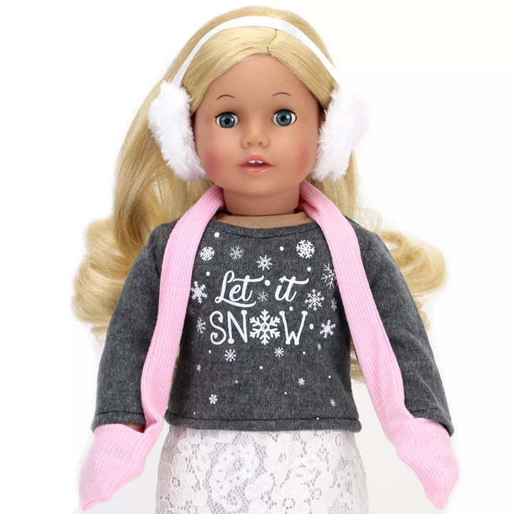 Sophia'S - 18" Doll - "Let It Snow" Sweater, Lace Skirt, Leggings, Earmuffs, Pocket Scarf & Ewe Boots - Grey/White/Pink