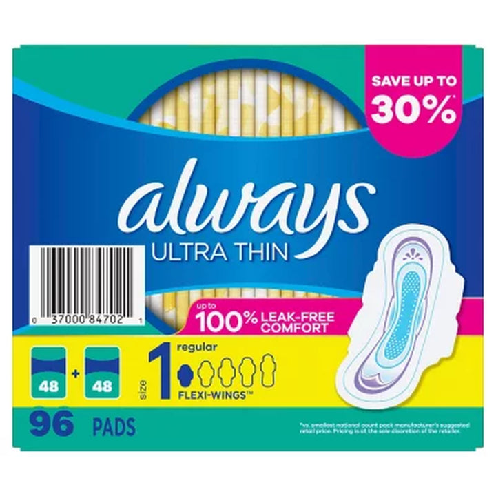 Always Ultra Thin Regular Pads with Flexi-Wings, Unscented - Size 1, 96 Ct.