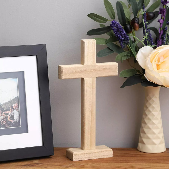 Juvale 3 Pack Unfinished Wood Cross Crucifix Religious Home Decor Gifts, Standing Table Cross Decorations,